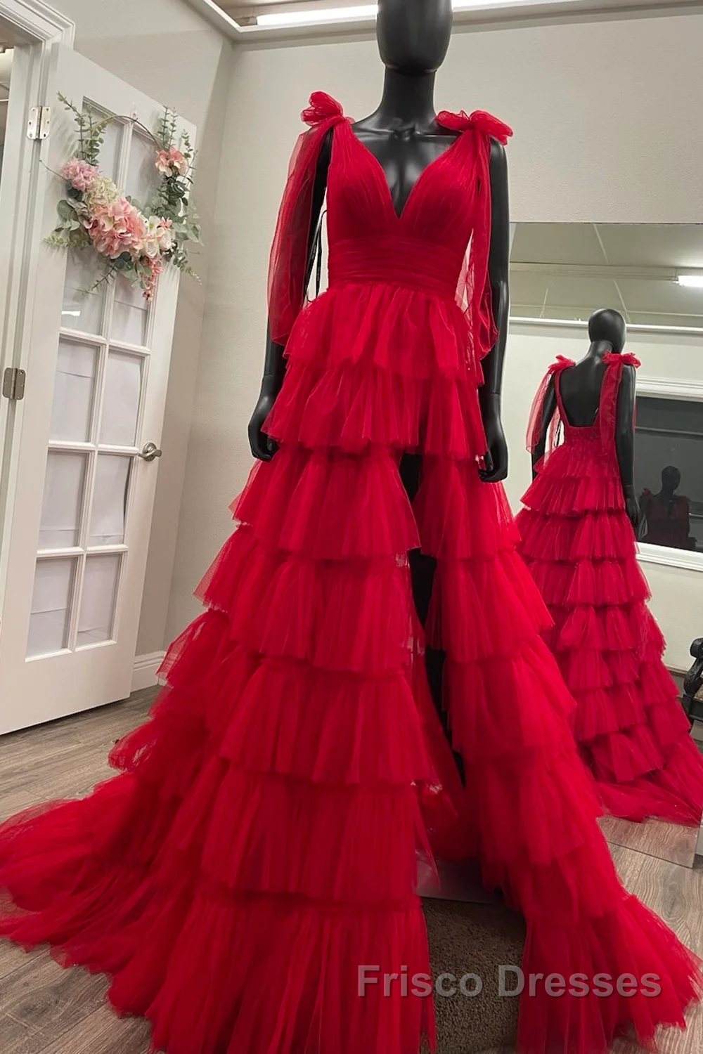 Red Long Formal Prom Dresses Princess A Line V Neck Party Evening Dresses with Ruffles Secondary image