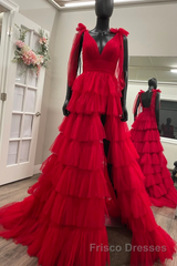 Red Long Formal Prom Dresses Princess A Line V Neck Party Evening Dresses with Ruffles
