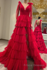 Red Long Formal Prom Dresses Princess A Line V Neck Party Evening Dresses with Ruffles