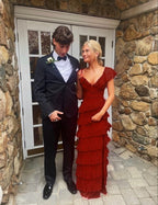 Long Red Prom Dresses, Sexy Lace Evening Dress With Slit