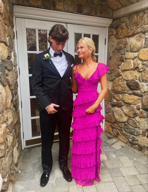 Long Red Prom Dresses, Sexy Lace Evening Dress With Slit