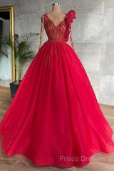 Red Long Sleeve V Neck Beading Flower Tulle Formal Prom Formal Dress