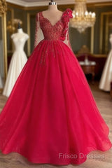 Red Long Sleeve V Neck Beading Flower Tulle Formal Prom Formal Dress