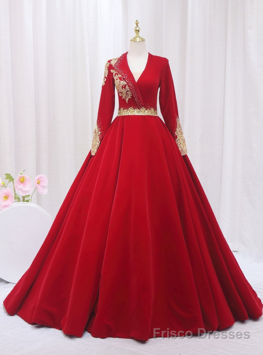 Red Long Sleeve V-neck Beading Prom Dress Main image