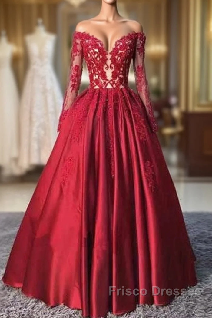 Red Long Sleeves Lace Long Formal Prom Dress, Red Evening Dress Main image