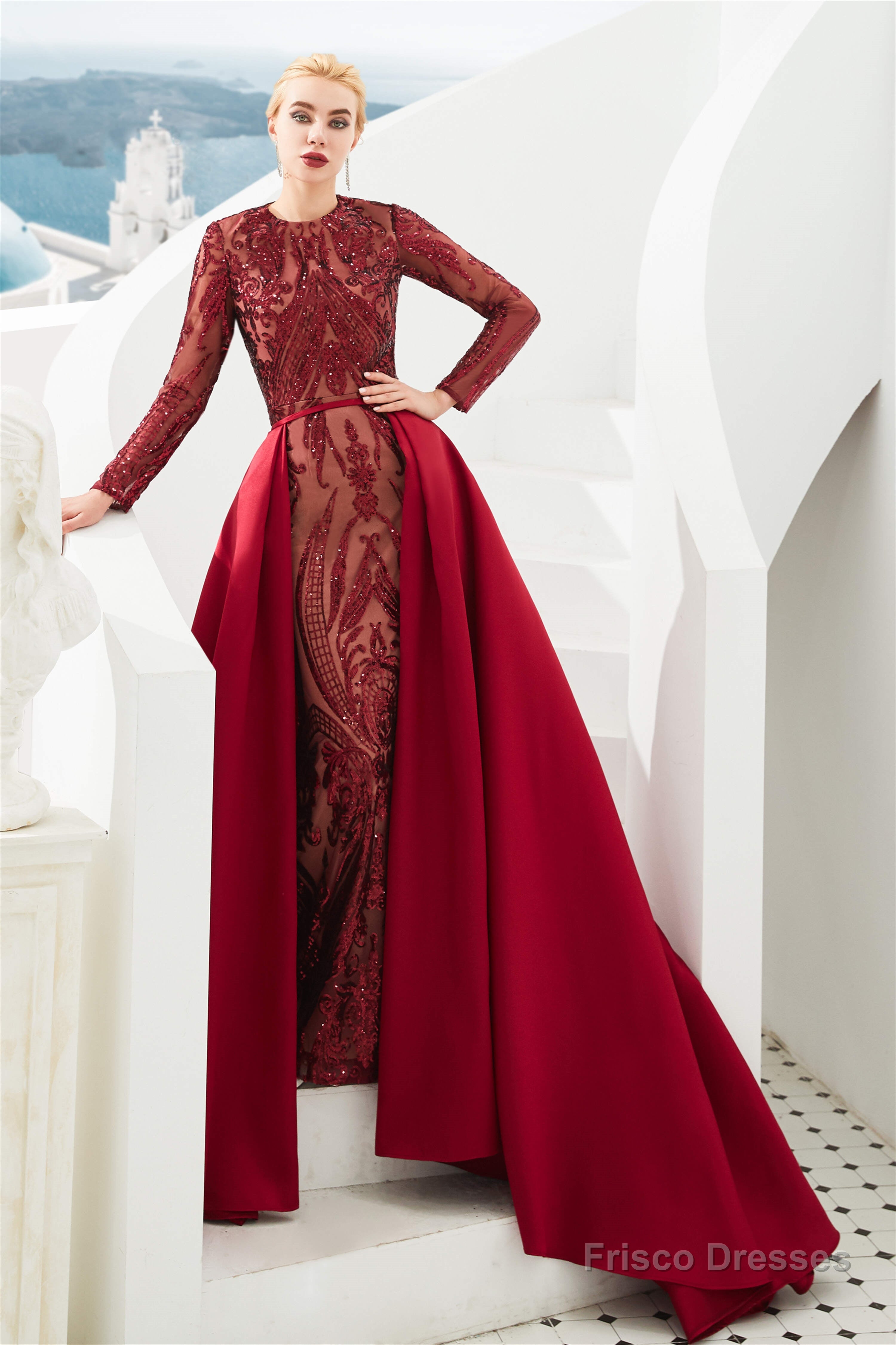 Long Sleeves Mermaid Detachable Train Prom Dresses with Train Sequined