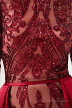 Long Sleeves Mermaid Detachable Train Prom Dresses with Train Sequined