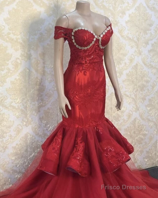Red Mermaid Appliques Prom Dresses Off Shoulder Secondary image