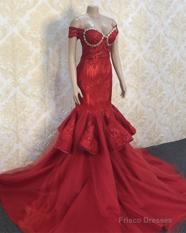 Red Mermaid Appliques Prom Dresses Off Shoulder Main image