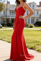 Red Mermaid Corset Spaghetti Straps Ruched Satin Long Prom Dress