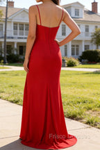 Red Mermaid Corset Spaghetti Straps Ruched Satin Long Prom Dress