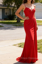 Red Mermaid Corset Spaghetti Straps Ruched Satin Long Prom Dress