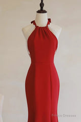 Red Mermaid Halter Long Evening Dress, Red Backless Formal Dress Prom Dress