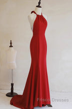 Red Mermaid Halter Long Evening Dress, Red Backless Formal Dress Formal Prom Dress