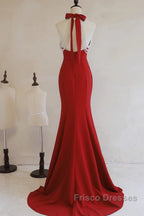 Red Mermaid Halter Long Evening Dress, Red Backless Formal Dress Formal Prom Dress