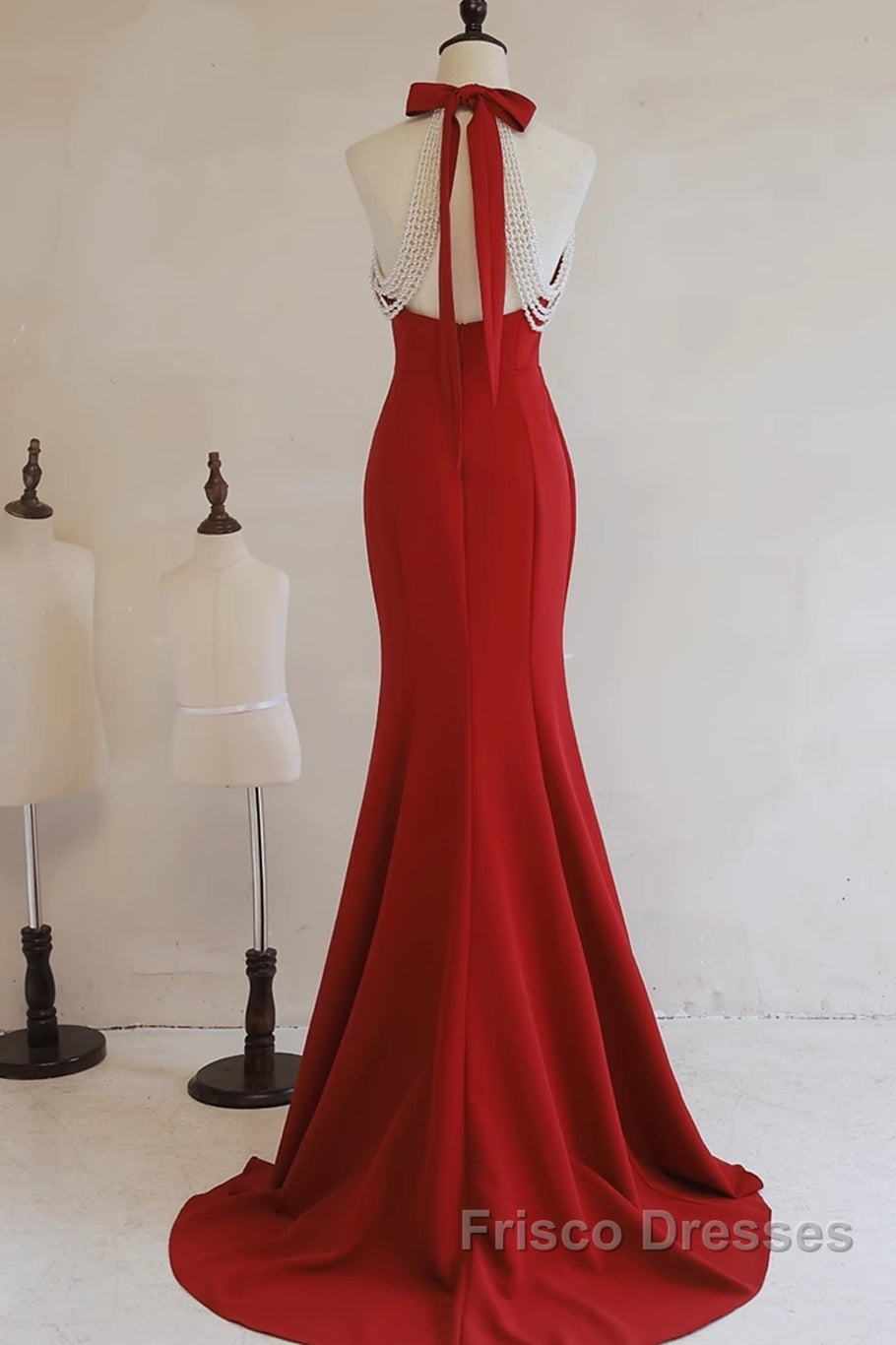 Red Mermaid Halter Long Evening Dress, Red Backless Formal Dress Formal Prom Dress