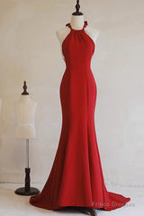 Red Mermaid Halter Long Evening Dress, Red Backless Formal Dress Prom Dress