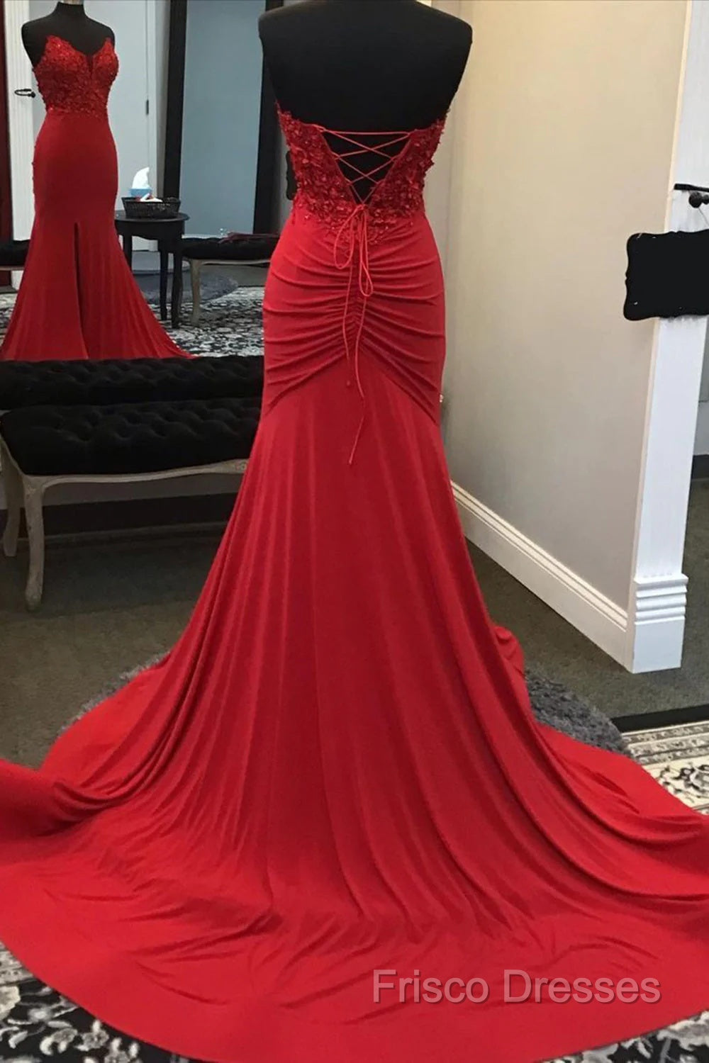 Red Mermaid Llong Formal Prom Dress Appliques Slit Formal Dress