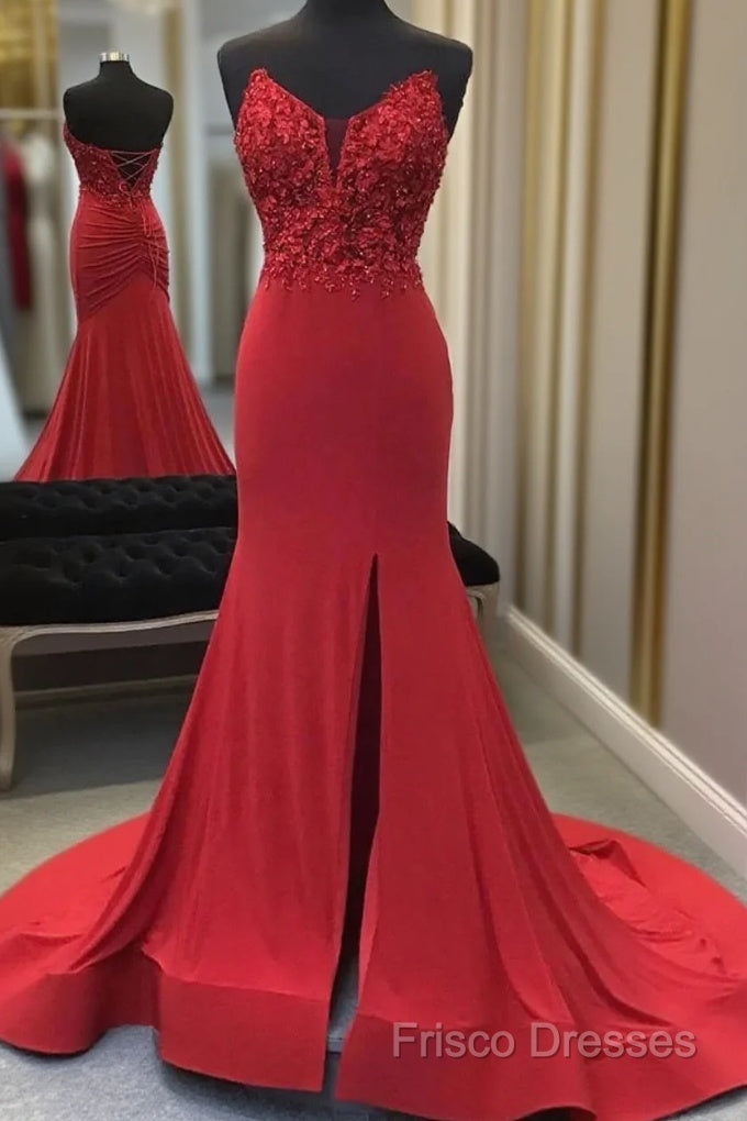 Red Mermaid Llong Formal Prom Dress Appliques Slit Formal Dress Main image