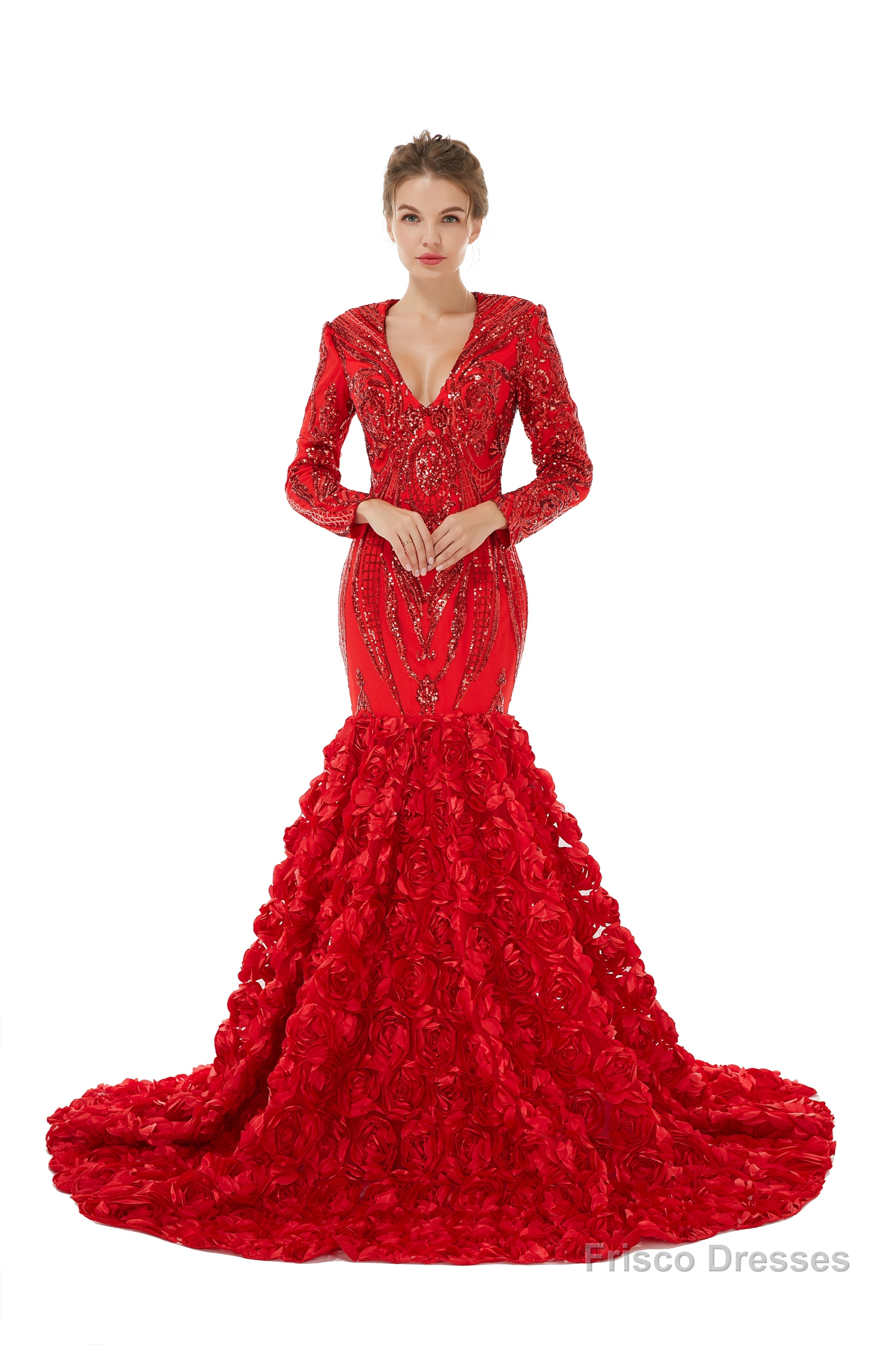 Mermaid Long Sequined Bling Full Sleeves Floral Skirt Prom Dresses