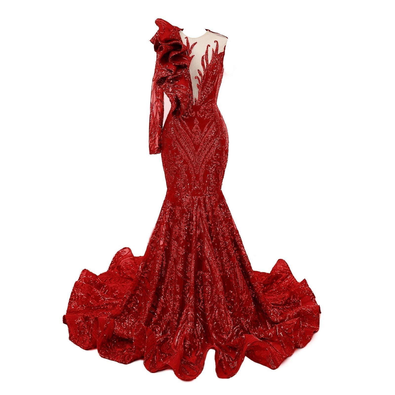 Red Mermaid One Sleeve Prom Dresses Sequined Lace Jewel Ruffles Evening Party Dress with Appliques Main image