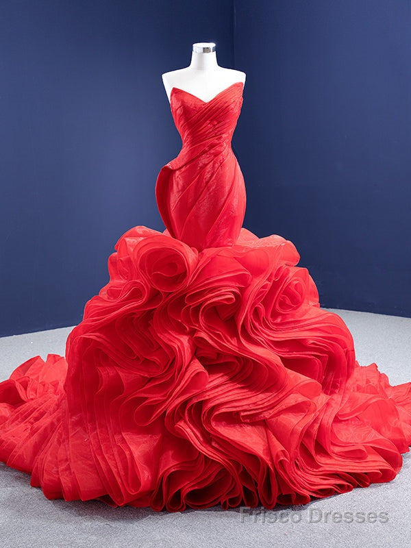 Red Mermaid Organza Strapless Pleats Prom Dress Main image