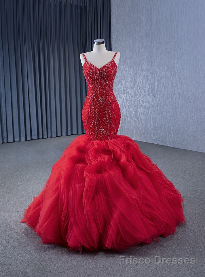 Red Mermaid Spaghetti Straps Beading Prom Dress Main image