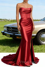 Red Mermaid Strapless Pleated Corset Long Prom Dress with Slit