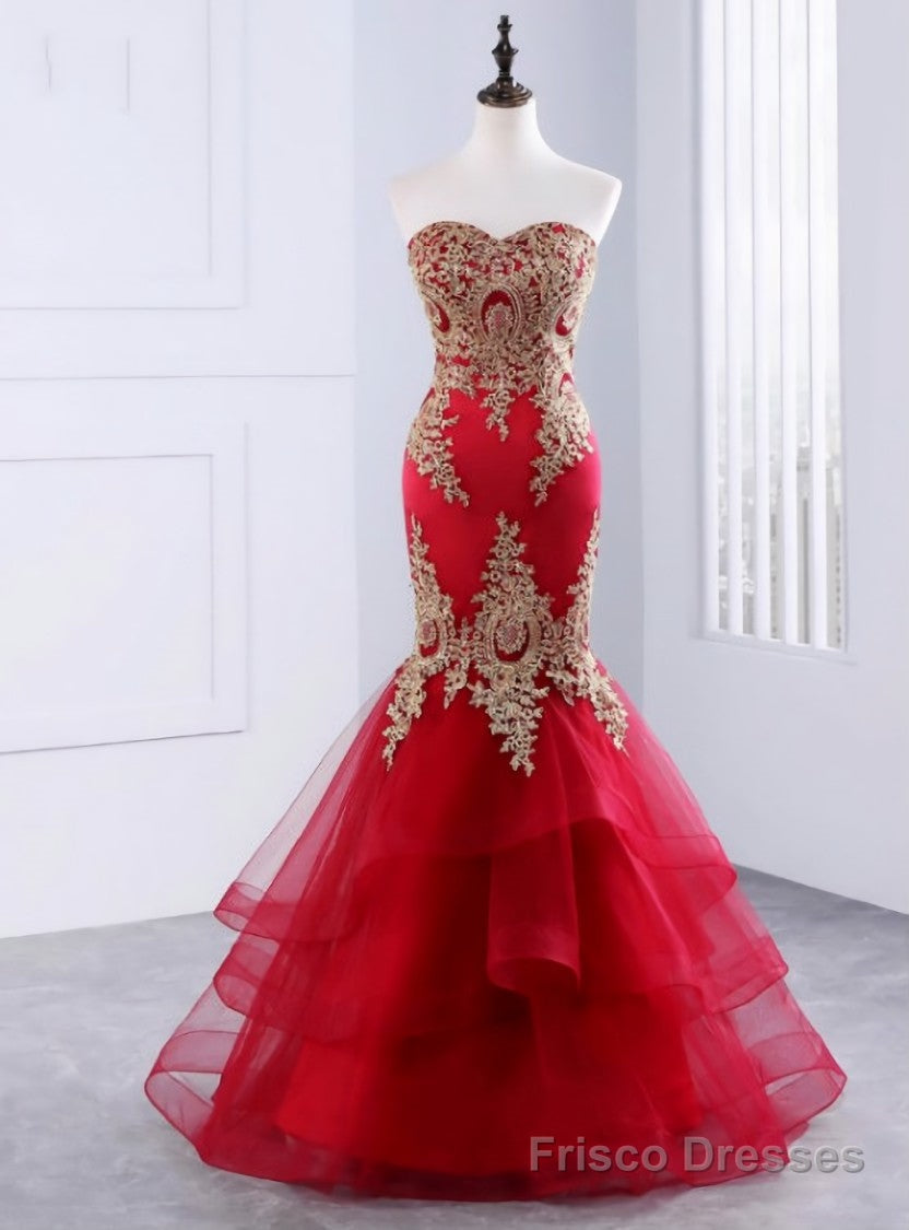Red Mermaid Tulle Appliques Sweetheart Long Prom Dresses Main image
