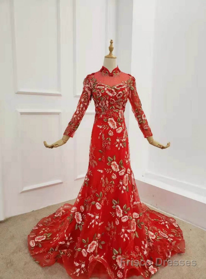 Red Mermaid Tulle Embrodiery Appliques Long Sleeve Prom Dress Main image