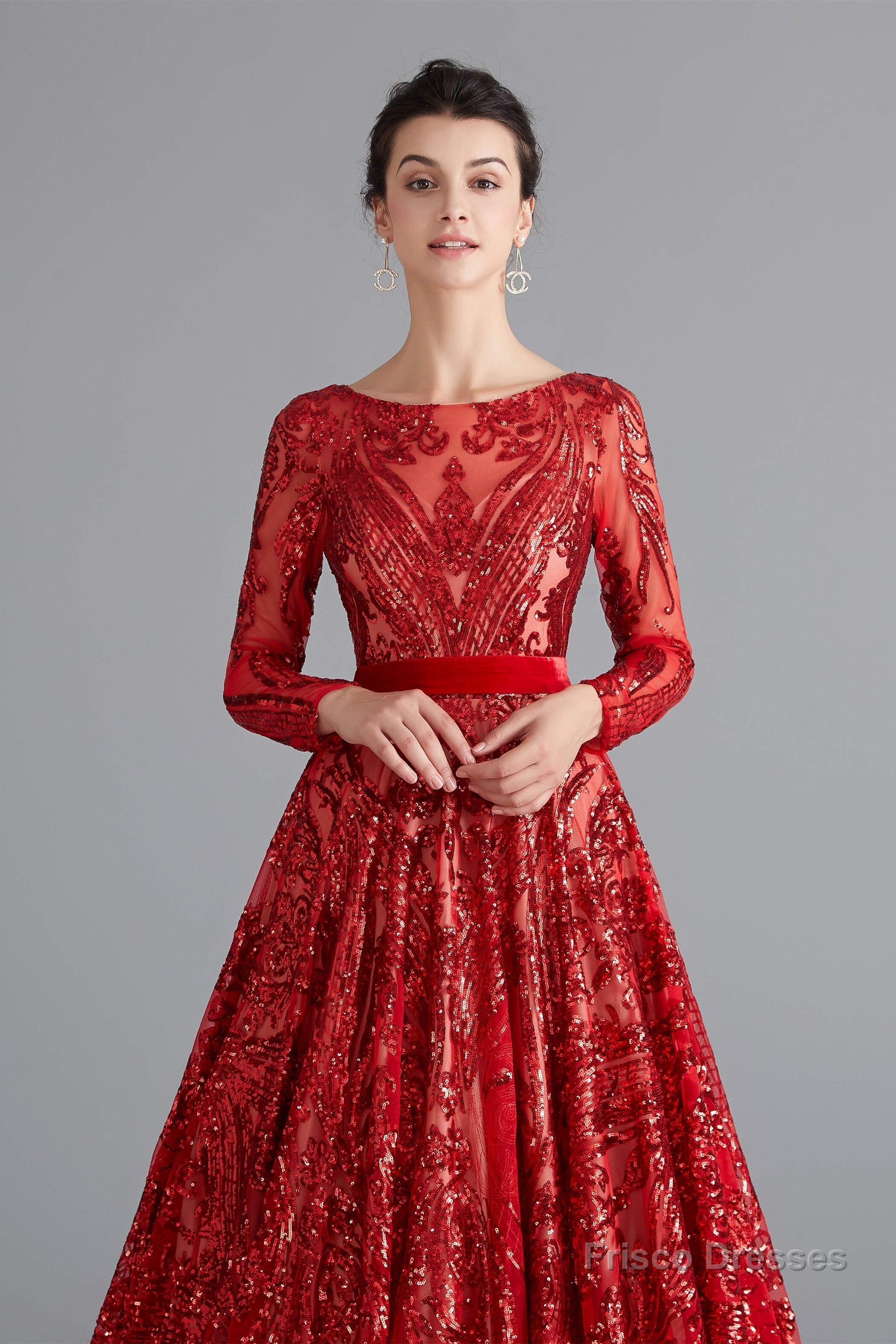 A-Line Luxury Sequins Long Sleeve Backless Prom Dresses