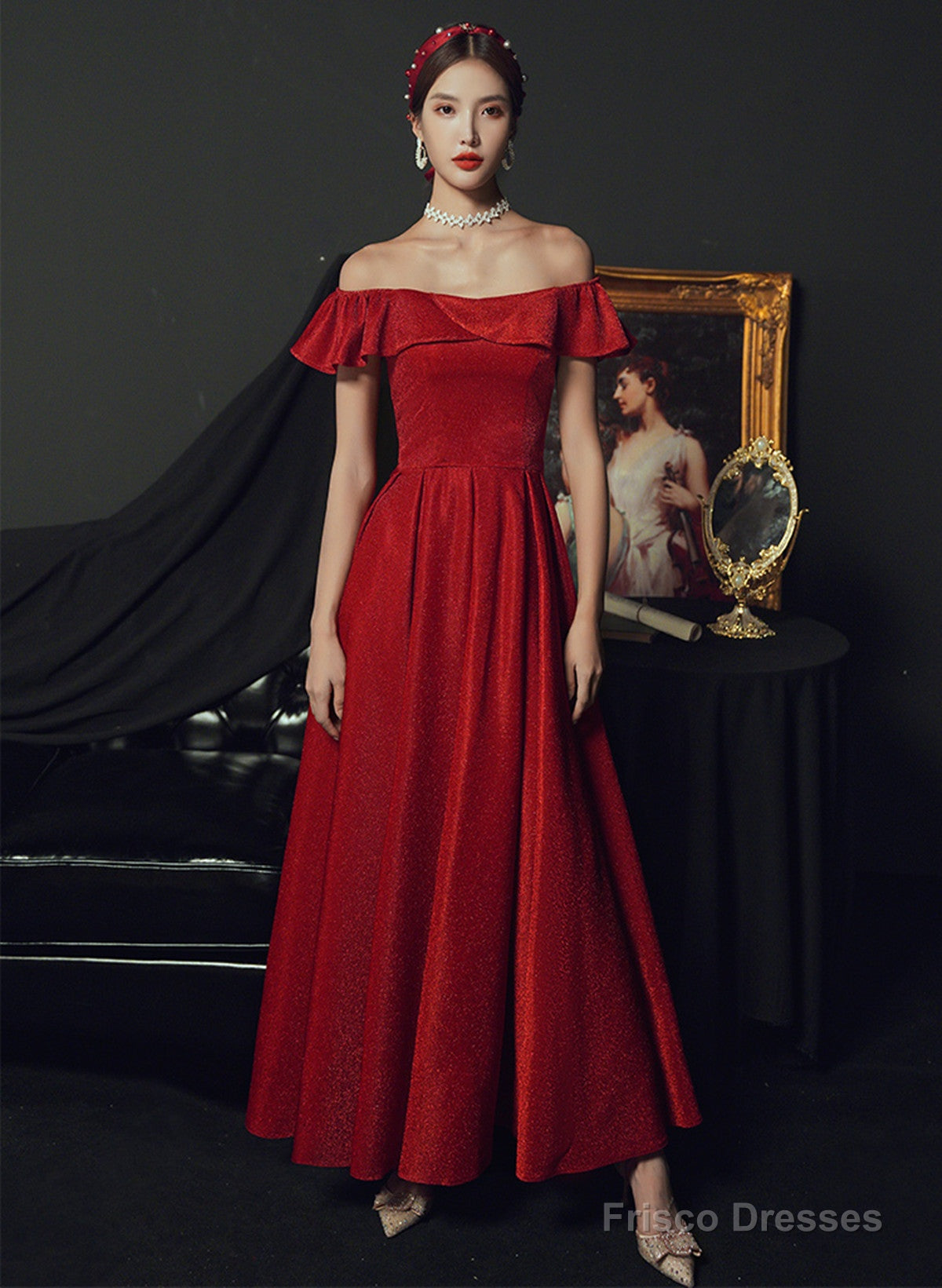 Red Off Shoulder A-Line Long Party Dress Formal Dress, Red Long Prom Dress Main image