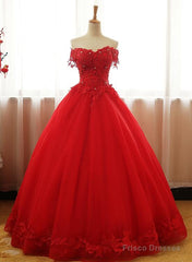 Red Off Shoulder Long Party Dress, A-Line Tulle Evening Dress Formal Gown
