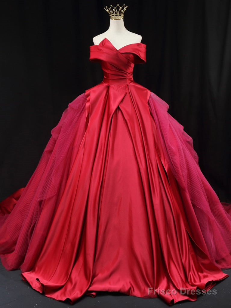 Red Off Shoulder Satin Tulle Long Prom Gown, Red Long Evening Gown Main image