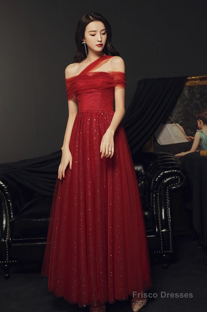 Red Off Shoulder Tulle Long Party Dress, Red A-Line Tulle Formal Dress Prom Dress Secondary image