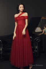 Red Off Shoulder Tulle Long Party Dress, Red A-Line Tulle Formal Dress Prom Dress