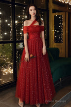 Red Off Shoulder Tulle Long Party Dress, Red A-Line Tulle Formal Dress Prom Dress