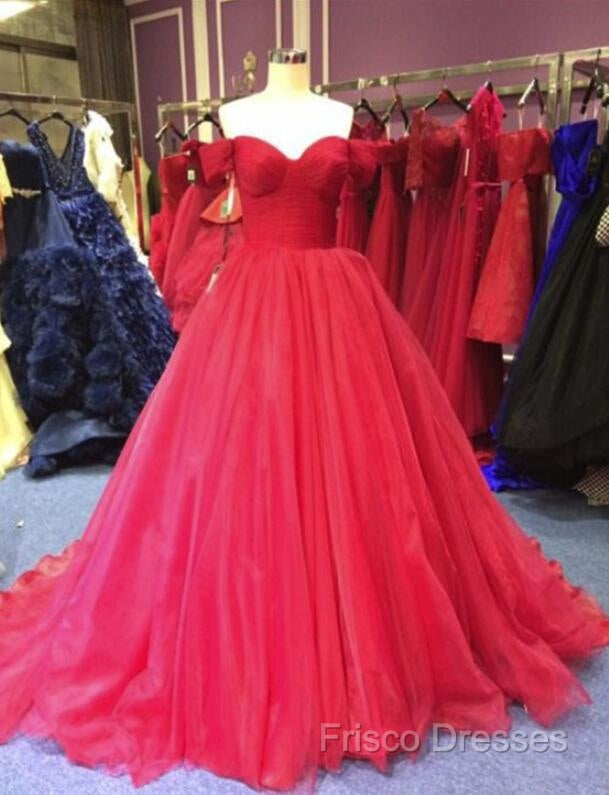 Red Off Shoulder Tulle Formal Prom Gown, Sweet 16 Party Gown, Charming Red Formal Dress