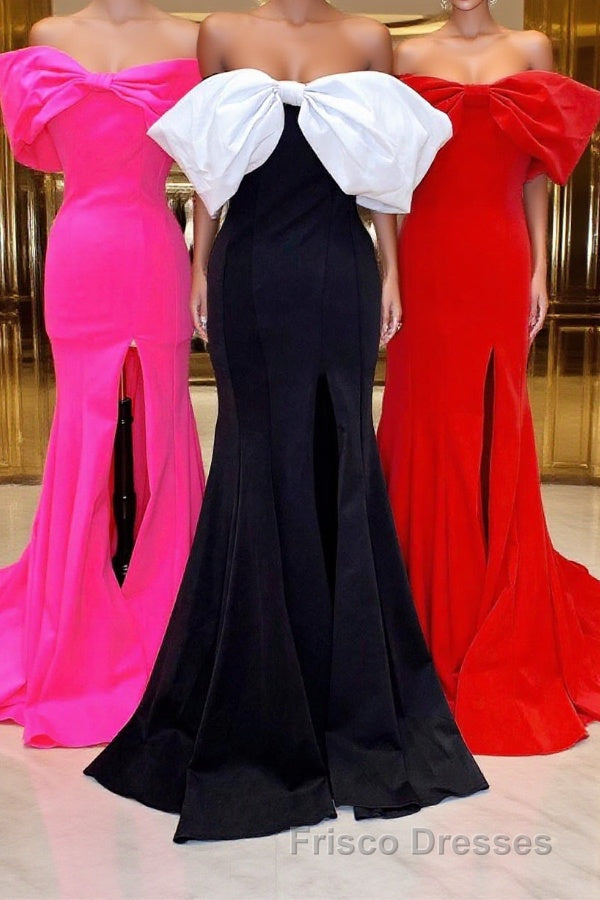 Red Off-the-Shoulder Bow Mermaid Formal Prom Gown with Slit Main image