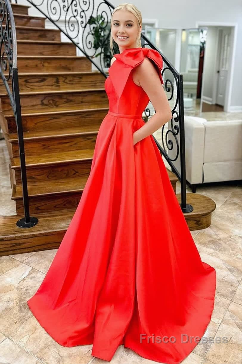Red One Shoulder Bow Tie Satin Prom Dress with Pockets Secondary image