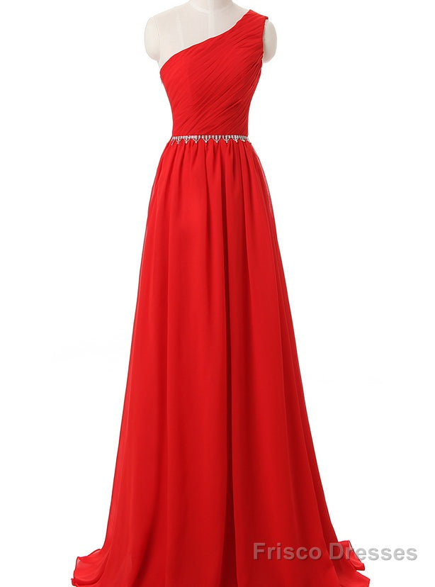 Red One Shoulder Chiffon Pleats Floor Length Prom Dresses