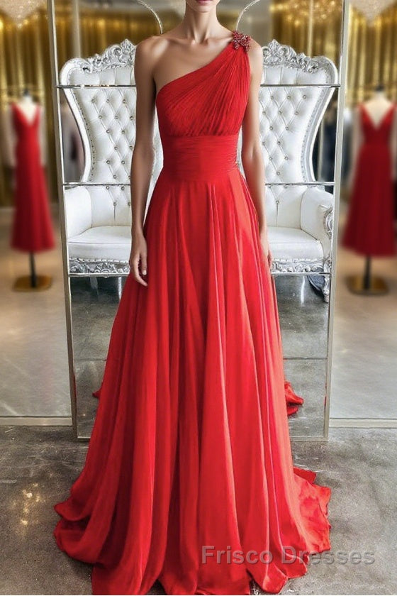 Red one shoulder long Formal Prom Dresses red evening Dresses Main image