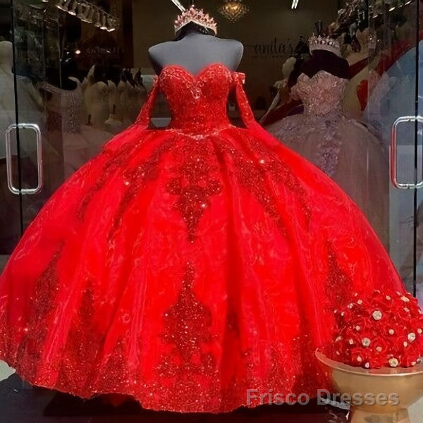 Red Organza Sweet 16 Quinceanera Dresses Sequins Applique Beaded Sweetheart Ball Gown Main image