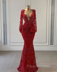 Red Formal Prom Dress Long Formal Prom Dress Long Sleeve Lace Mermaid Evening Gowns