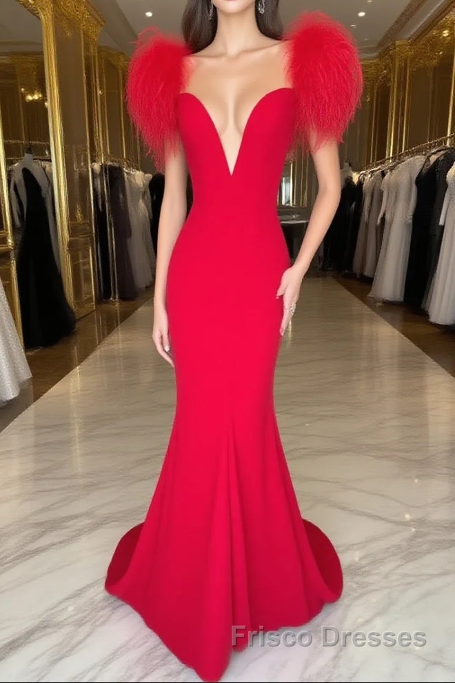 Red Formal Prom Dresses Mermaid V Neck Long Party Evening Dresses with Feathers Main image