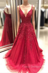 Red Formal Prom Dress, A-line/Princess V Neck Sleeveless Sweep Train Tulle Formal Prom Dress With Appliqued