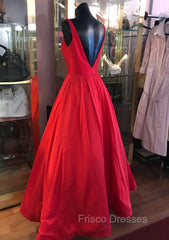 Red Formal Prom Dress, A-line Square Neckline Regular Straps Long/Floor-Length Satin Formal Prom Dress