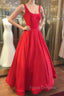 Red Formal Prom Dress, A-line Square Neckline Regular Straps Long/Floor-Length Satin Formal Prom Dress