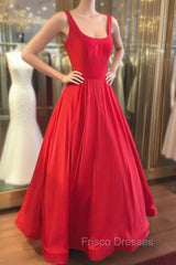 Red Formal Prom Dress, A-line Square Neckline Regular Straps Long/Floor-Length Satin Formal Prom Dress