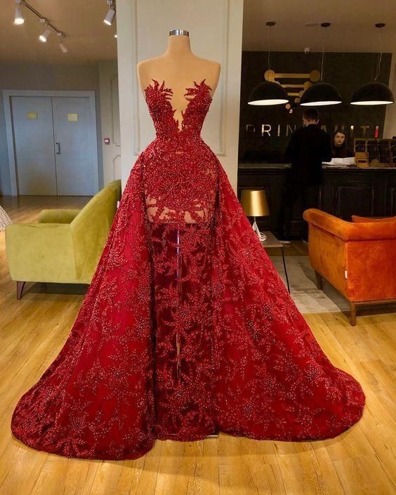 Red Prom Dresses Detachable Skirt Beading Sequins Shinning Long Evening Dresses Gowns Main image